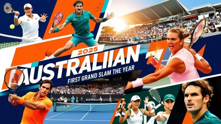 Illustration of the 2025 Australian Open at Melbourne Park featuring a packed stadium, tennis players in action on a blue court, and cheering fans with Australian flags in the background under bright lights.
