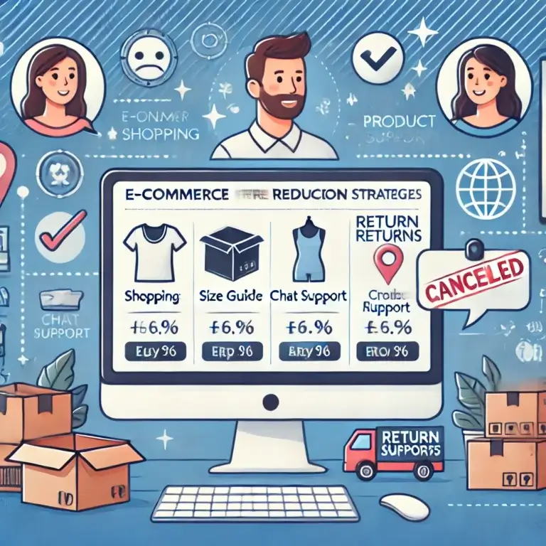 Illustration of e-commerce strategies to reduce returns, featuring an online shopping interface with icons for size guides, chat support, and high-quality product images, surrounded by symbols like a checklist, happy customers, and a return package with a canceled sign, in a professional blue and white color scheme.