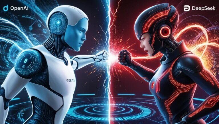 A dynamic and intense digital illustration depicting a futuristic AI battle between OpenAI and DeepSeek. On the left side, OpenAI is represented by a high-tech humanoid AI figure with a sleek, blue and white cybernetic design, glowing circuits, and the OpenAI logo subtly integrated into its design. On the right side, DeepSeek is represented by an advanced AI entity with a red and black futuristic design, featuring digital patterns inspired by Chinese technology and the DeepSeek logo subtly embedded. The background showcases a virtual battlefield of swirling data streams, glowing algorithms, and competing neural networks, symbolizing the AI rivalry. Sparks and energy waves crash between them, illustrating the intense competition for AI supremacy. The overall color scheme is high-tech and futuristic, with neon blues and reds dominating the scene, highlighting the fierce battle between these two leading AI models