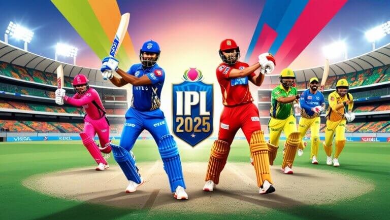 Illustration of IPL 2025 featuring a packed stadium under floodlights with a batsman hitting a six, a bowler in action, and a fielder diving to catch. Fans wave flags and cheer, while fireworks light up the sky, reflecting the festive and vibrant spirit of the tournament