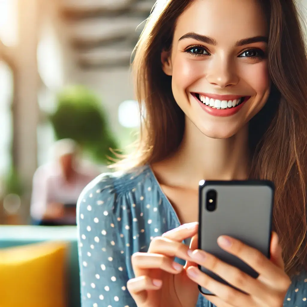 The purpose of this image is to depict a relatable and positive moment of a young woman enjoying her smartphone. It highlights the joy and connectivity associated with using modern technology, making it ideal for tech-related content, advertisements, or blog posts about smartphones, digital trends, or lifestyle topics. The closeup adds a personal and engaging touch, drawing attention to the subject's happiness and the smartphone as a key focus.